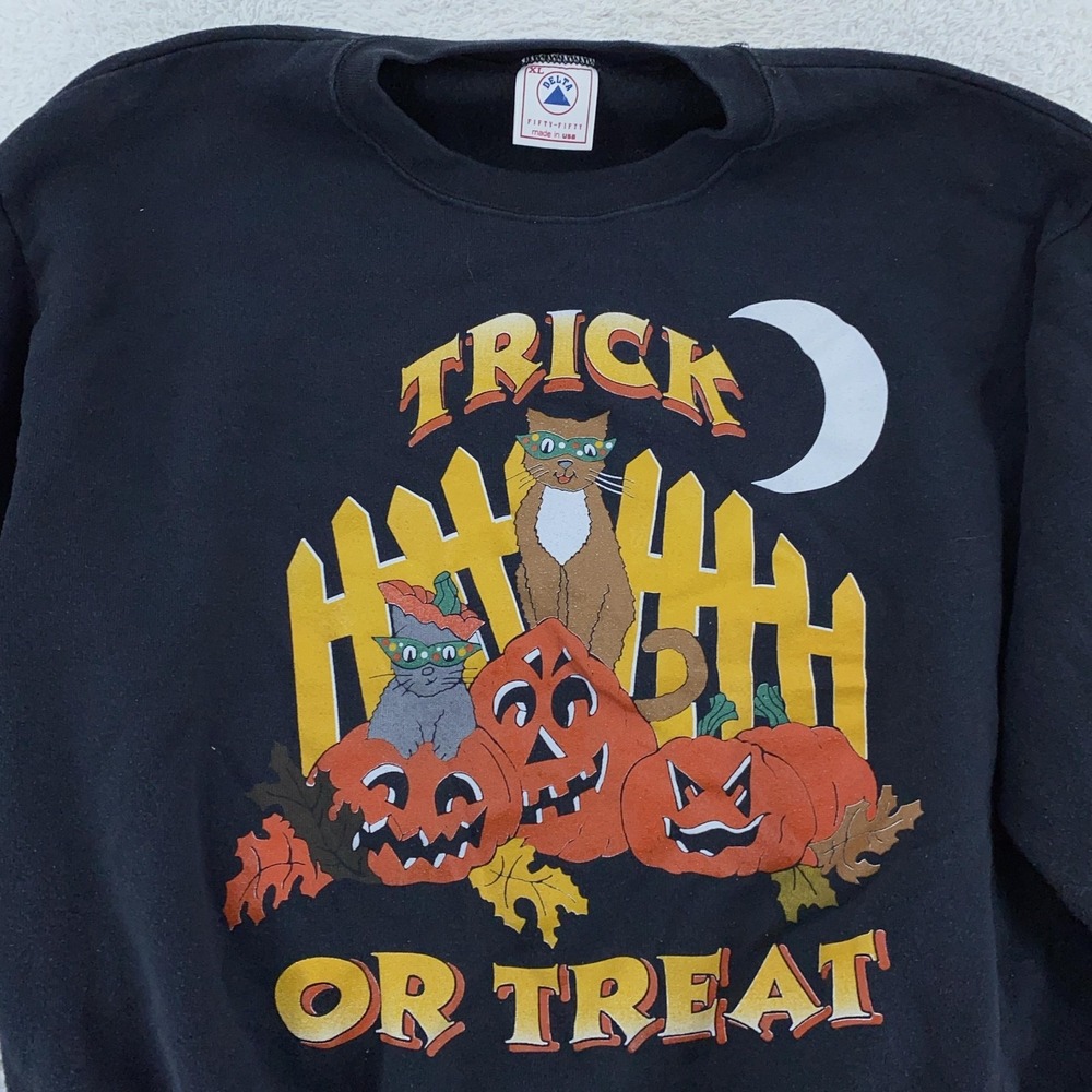 Vtg Trick Or‎ Treat Sweatshirt Mens Medium Cats Pumpkins Halloween Cartoon 90s